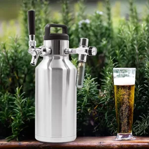Silver Insulated Vacuum Beer Growler with Keg Tap and CO2 Cooler