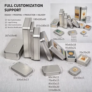 Silver Jewelry Tin Empty Food Grade Rectangular Large Metal Hinged Tin Can Packaging Plain Small Sliver Hinges Tin Box