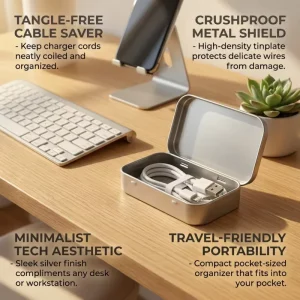 Silver Metal Tinplate Can with Hinged Lid Coiled USB Cable Storage Tech Gift Packing Box Earphone Wire Organizer