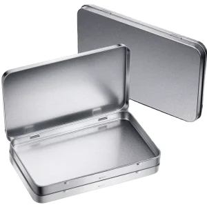 Silver Rectangular Hinged Tin Box for Jewelry, Makeup, Pills, or Candy