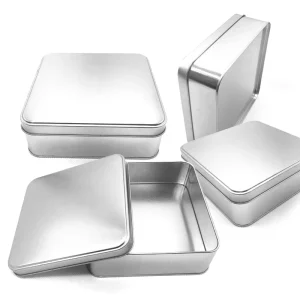 Silver Rectangular Jewelry Tin Box with Hinged Design
