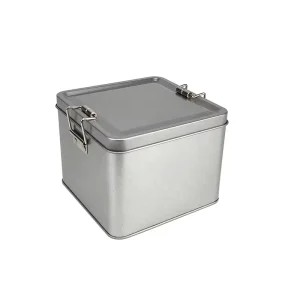 Silver Rectangular Metal Storage Tin Box with Secure Latch Closure for Food Organizing