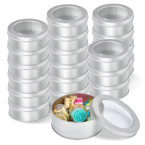 Silver Round Tinplate Storage Can with Transparent Lid for Candy, Cookies and Snacks