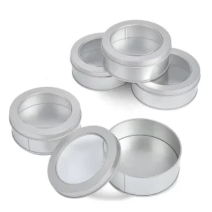 Silver Round Tinplate Storage Can with Transparent Lid for Cookies, Candy and Candles