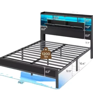 Simple Double Iron Bed with LED Light Bedroom Study Home Metal Bed with Bedside Cross Border Hotel Apartment