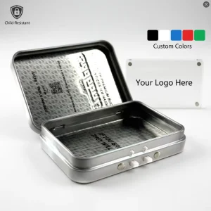 Small Rectangular Hinged Tinplate Child Resistant Box Child Safety Lock Recycled Materials Custom Design for Gift Craft