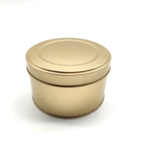 Small Round Golden Tinplate Candle Jars with Lids and Boxes Made from Recycled Materials