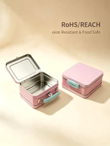 Small Square Pink Recyclable Tinplate Hinged Storage Can with Portable Handle, Food-Grade Candy Box
