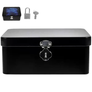 Small Vintage Tinplate Jewelry Storage Box with Lock and Lid, Fireproof Metal