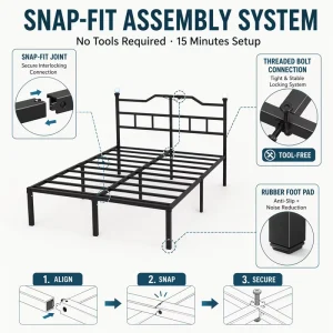 Smart Bed Frame with Power Outlet USB Charging Headboard Steel Platform Bed 14 Inch Heavy Duty Support
