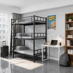 Space Saving 3 Tier Triple Bunk Bed Metal Frame Sturdy Steel Triple Sleeper for Small Room Apartment Dormitory Furniture