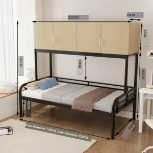 Space Saving Loft Bed with Wooden Storage Cabinet Sturdy Metal Single Bed Frame with Clothes Hanger Rod for Dormitory