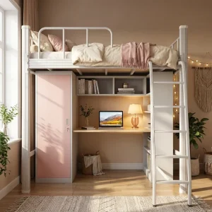 Space Saving Metal Loft Bed with Integrated Wardrobe and Study Desk for University Dormitory