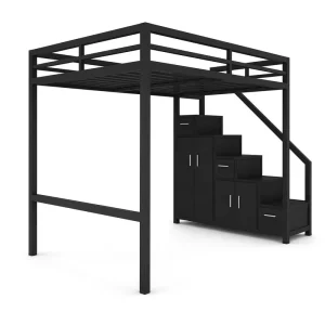 Space Saving Metal Loft Bed with Storage Stairs Cold Rolled Steel 4 Step Cabinet Drawer Integrated for Kids Teen Dorm Studio