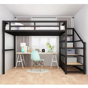 Space Saving Metal Loft Bed with Storage Stairs Modern Dormitory Bed for Small Apartment Dorm Room or Hotel