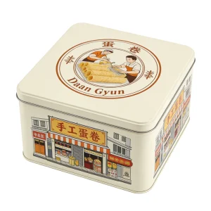 Square Empty Metal Egg Roll Tin Box Food Grade Tinplate Cookie Storage Can Custom Logo Glossy Printed