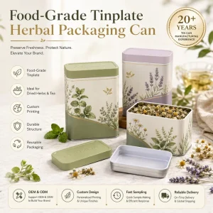 Square Metal Tin Can Dry Herb Chamomile Mint Tea Packaging Tins Food Grade Tinplate Storage Container for Botanical Products