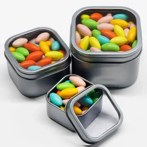 Square Silver Food Grade Seamless Metal Container with Window for Tea, Cookies, Nuts, and Candy