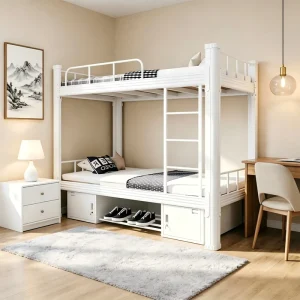 Stable Double Decker Bed White Metal Frame Bunk Bed Teenagers Metal Loft Bed Student Loft Bed Metal Double Bed With Ladder