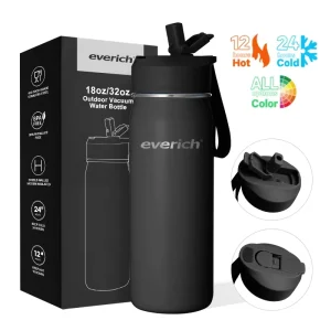 Stainless Steel Metal ODM 32oz Water Bottle with Silicone Strap BPA Free Leak Proof Thermos Bottle with Straw Lid for Sports Gym