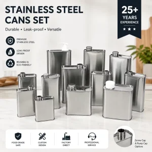 Stainless Steel Rectangular Metal Can with Screw Cap for Oil Chemical Alcohol Liquid Packaging