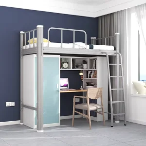 Steel Bed Frame Modern Dormitory Single Metal Loft Bunk Bed with Wardrobe Storage Cabinet and Study Table for Kids Teens Adults