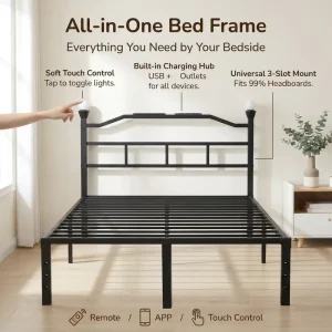 Steel Bed Frame with Built in Power Outlet Headboard Storage & Charging Station Easy Assembly Bed