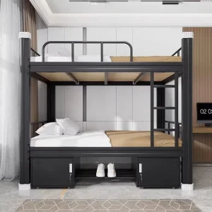 Steel Bunk Bed with Storage Cabinets Heavy Duty Metal Frame Ladder Guardrail Space Saving Bedroom Home Dormitory Apartment Bed