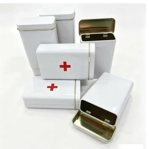 Three-Piece Rectangular Hinged Tinplate Box for Trinkets, Cigarettes and Bandages