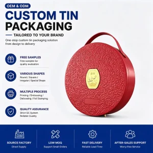 Tin Box Manufacturer Ready to Ship Round Metal Tin Box With Embossing Lid Gift Box Matching with Paper Bag and Neto Set