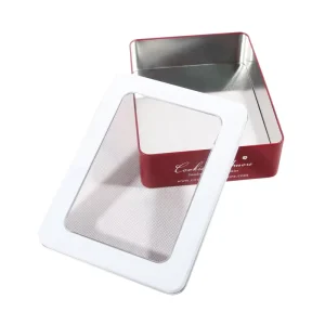 Tinplate Biscuit Tin Box with PVC Window Lid Rectangular Metal Container with Transparent Cover for Gift Storage