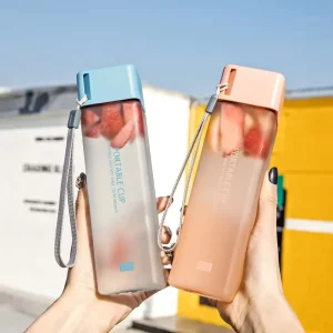 Transparent Plastic Leakproof Frosted Square-Shaped Water Bottle with Rope for Travel