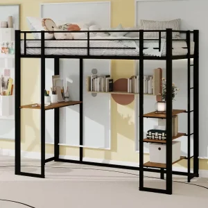 Twin Loft Bed Frame Desk Storage Shelves Industrial Design Iron Loft Bed Railing Ladder for School Bedroom Dormitory ODM OEM
