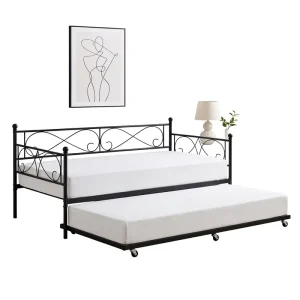 Twin Metal Daybed Frame with Pull Out Trundle Steel Slat Support Convertible Sofa Bed for Guest Room Living Room