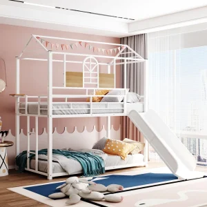 Twin Over Twin Metal Bunk Bed Metal Housebed With Slide Three Colors Available