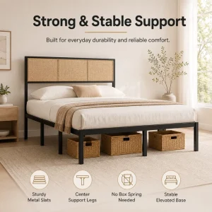 Twin Platform Bed Frame with Rustic Vintage Wood Headboard Storage Mattress Foundation Strong Metal Slats Support for Bedroom