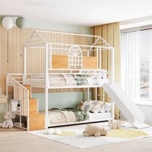 Twin Size Bunk Bed Frame with Slide Storage Stair Metal Bunk Bed for Bedroom Use Kids Teens Dormitory ODM OEM Available