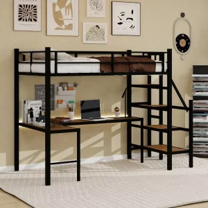 Twin Size Industrial Design Metal Loft Bed Frame with L shaped Desk Stairs Large Storage Hotel Use ODM OEM Available
