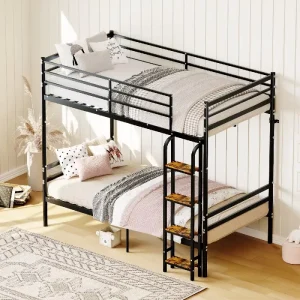 Twin Size Metal Bunk Bed Frame Panel Industrial Ladder Space Saving Heavy Duty Modern Kids Teens Bedroom Furniture