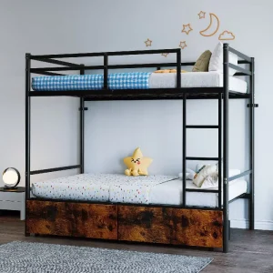 Twin Size Metal Bunk Bed Panel Two Storage Drawers Ladder Space Saving Heavy Duty Industrial Design for Kids Teens School