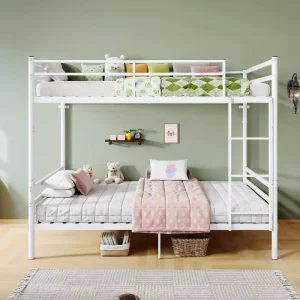 Twin Size Modern Metal Bunk Bed Frame Ladder High Guardrail Storage Space Noise Free Heavy Duty School Dormitory Apartment Kids
