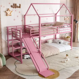 Twin Size Modern Metal Bunk Bed Frame with Storage Stair Slide and Safety Rails Bedroom Use ODM/OEM Available