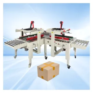 Two Top and Bottom Tape Sealing Machines and One Linear Corner Conveyor Table for + Sealing Effect Wrapping Box Sealing Machine