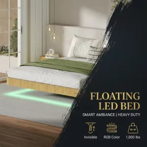 [US Stock] Wave Curve Wood Texture Floating Bed With Heavy Duty Metal Slats in King or Queen Size Ship From US Warehouse MOQ 1pc