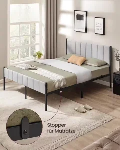 Upholstered Gray Metal Bed Frame Queen Size Platform Bed with Rounded Legs Mattress Stopper Easy Assembly Bedroom Furniture