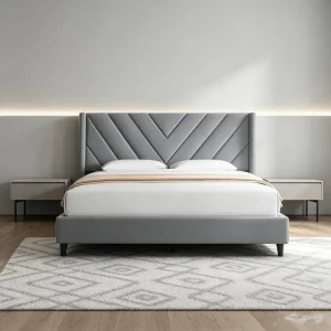 V Shaped Geometric Padded Velvet Bed Grey Wing Headboard Modern Home Hotel Bed Frame