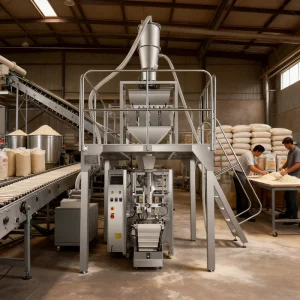 VFFS Vertical Form Fill Seal Wheat Flour Powder Packing Machine with Vacuum Feeder 50g 1000g Auto Packaging Equipment