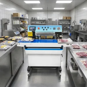 Vacuum Nitrogen-Flushing Continuous Band Sealer with Date Inkjet Code Printer for Plastic Bags