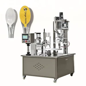 Versatile Rotary Spoon Filling Sealing Machine for Honey Ketchup Butter and Cosmetic Lotion Portion Packs
