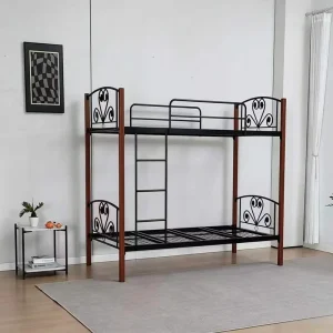 Vintage Metal Frame Bunk Bed with Reddish Brown Posts Elegant Heart Shaped Scrollwork Twin High Sleeper Bed for Home Apartment